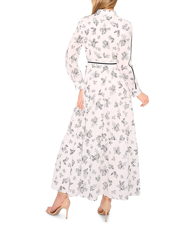 CeCe Woven Floral Print Point Collar Long Sleeve Belted Maxi Shirt Dress