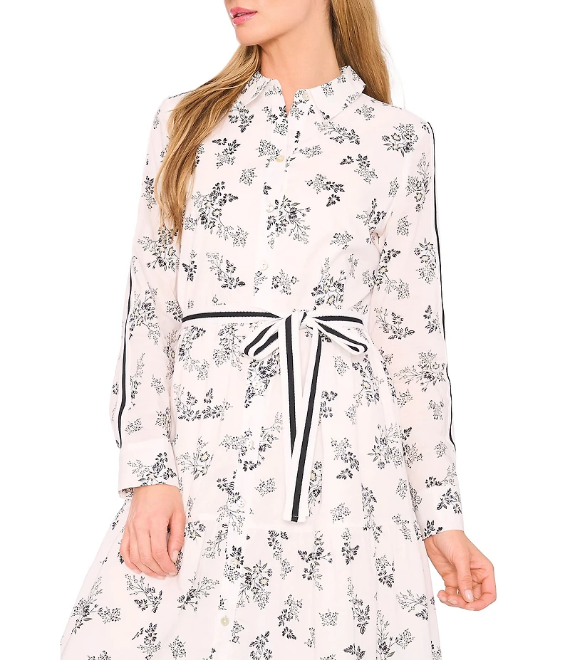 CeCe Woven Floral Print Point Collar Long Sleeve Belted Maxi Shirt Dress