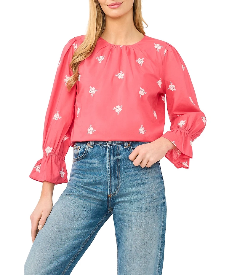 CeCe Woven Floral Print Round Neck 3/4 Ruffle Sleeve Blouse