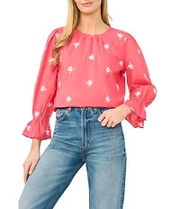 CeCe Woven Floral Print Round Neck 3/4 Ruffle Sleeve Blouse