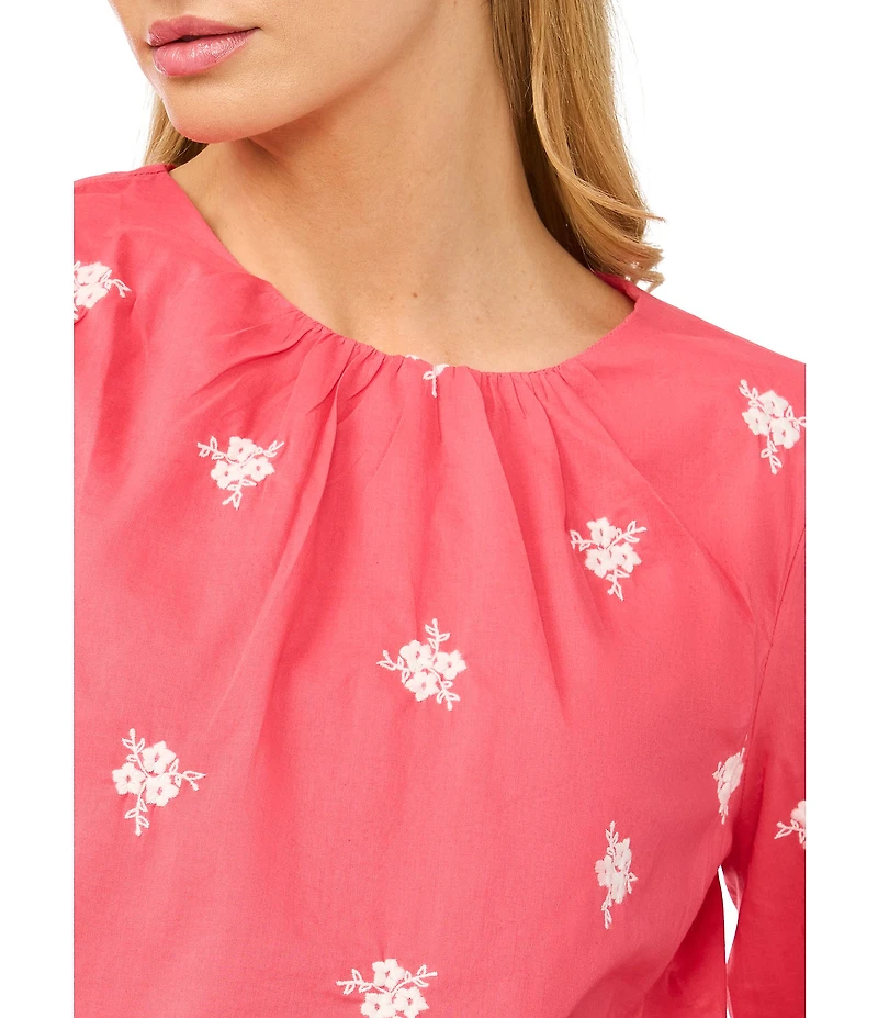 CeCe Woven Floral Print Round Neck 3/4 Ruffle Sleeve Blouse