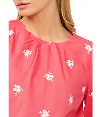 CeCe Woven Floral Print Round Neck 3/4 Ruffle Sleeve Blouse