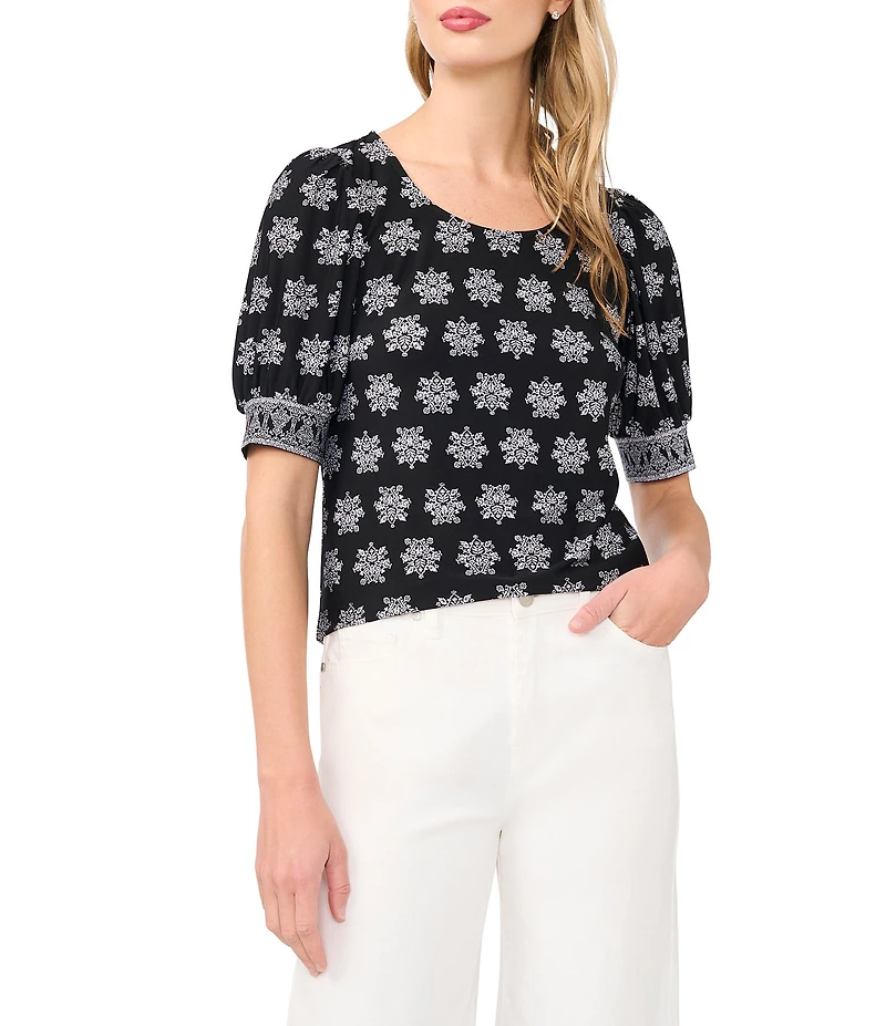 CeCe Woven Floral Print Round Neck 3/4 Sleeve Blouse