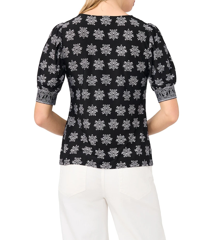 CeCe Woven Floral Print Round Neck 3/4 Sleeve Blouse