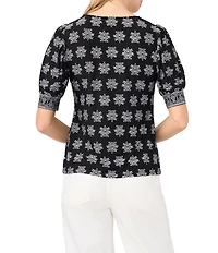 CeCe Woven Floral Print Round Neck 3/4 Sleeve Blouse