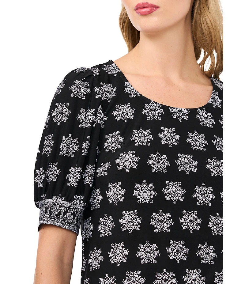 CeCe Woven Floral Print Round Neck 3/4 Sleeve Blouse