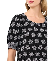 CeCe Woven Floral Print Round Neck 3/4 Sleeve Blouse