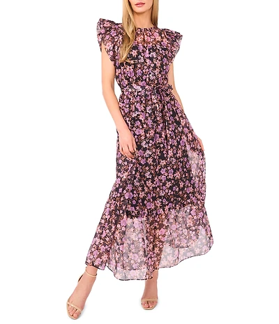 CeCe Woven Floral Print Round Neck Flutter Sleeve Maxi A-Line Maxi Dress