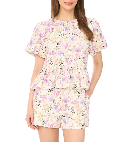 CeCe Woven Floral Print Round Neck Short Puff Sleeve Peplum Coordinating Blouse