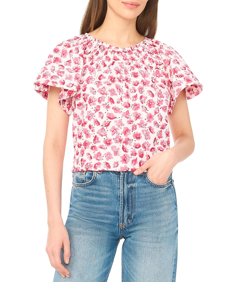 CeCe Woven Floral Print Scoop Neck Short Raglan Sleeve Top