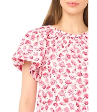 CeCe Woven Floral Print Scoop Neck Short Raglan Sleeve Top
