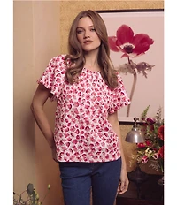 CeCe Woven Floral Print Scoop Neck Short Raglan Sleeve Top