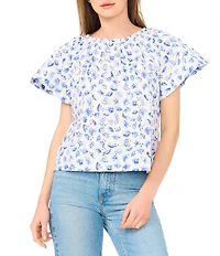 CeCe Woven Floral Print Scoop Neck Short Raglan Sleeve Top