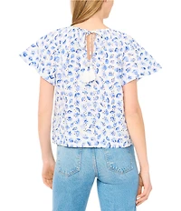 CeCe Woven Floral Print Scoop Neck Short Raglan Sleeve Top