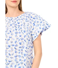 CeCe Woven Floral Print Scoop Neck Short Raglan Sleeve Top
