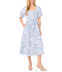 CeCe Woven Floral Print Square Neck Puff Sleeve Belted Midi A-Line Dress