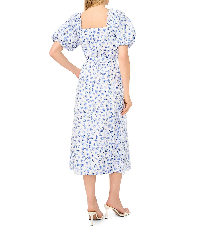 CeCe Woven Floral Print Square Neck Puff Sleeve Belted Midi A-Line Dress