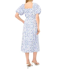 CeCe Woven Floral Print Square Neck Puff Sleeve Belted Midi A-Line Dress