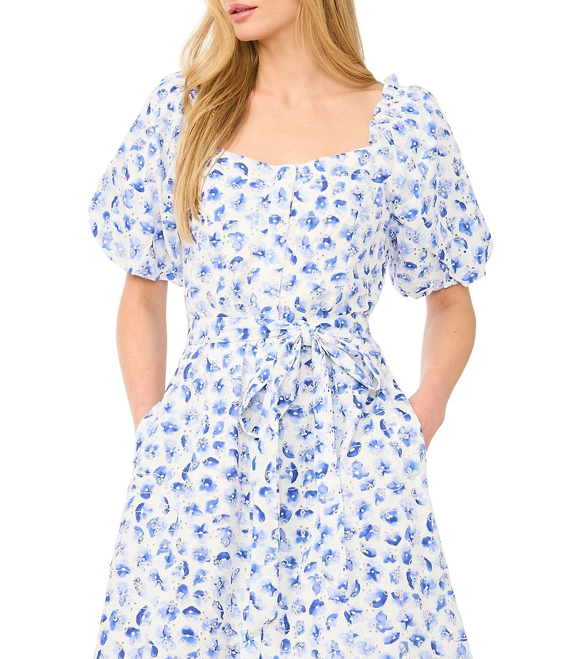 CeCe Woven Floral Print Square Neck Puff Sleeve Belted Midi A-Line Dress