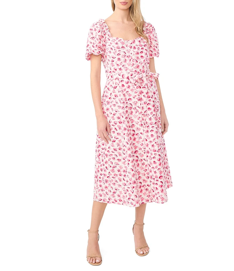 CeCe Woven Floral Print Square Neck Puff Sleeve Belted Midi A-Line Dress