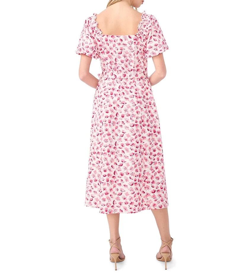 CeCe Woven Floral Print Square Neck Puff Sleeve Belted Midi A-Line Dress