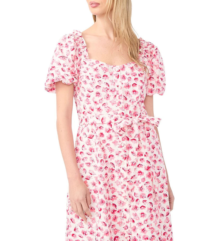 CeCe Woven Floral Print Square Neck Puff Sleeve Belted Midi A-Line Dress