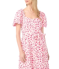 CeCe Woven Floral Print Square Neck Puff Sleeve Belted Midi A-Line Dress