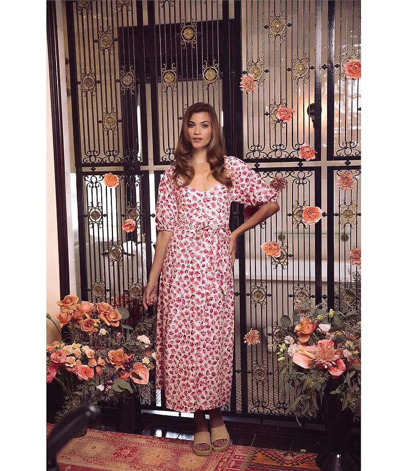 CeCe Woven Floral Print Square Neck Puff Sleeve Belted Midi A-Line Dress