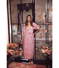 CeCe Woven Floral Print Square Neck Puff Sleeve Belted Midi A-Line Dress