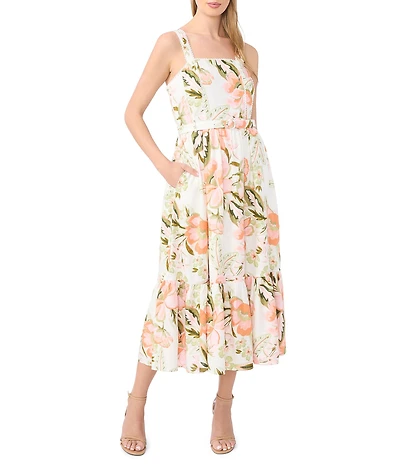 CeCe Woven Floral Print Square Neck Sleeveless Smocked Midi A-Line Dress
