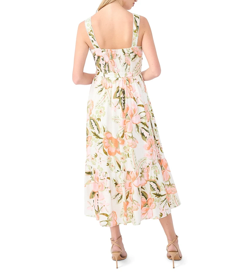 CeCe Woven Floral Print Square Neck Sleeveless Smocked Midi A-Line Dress