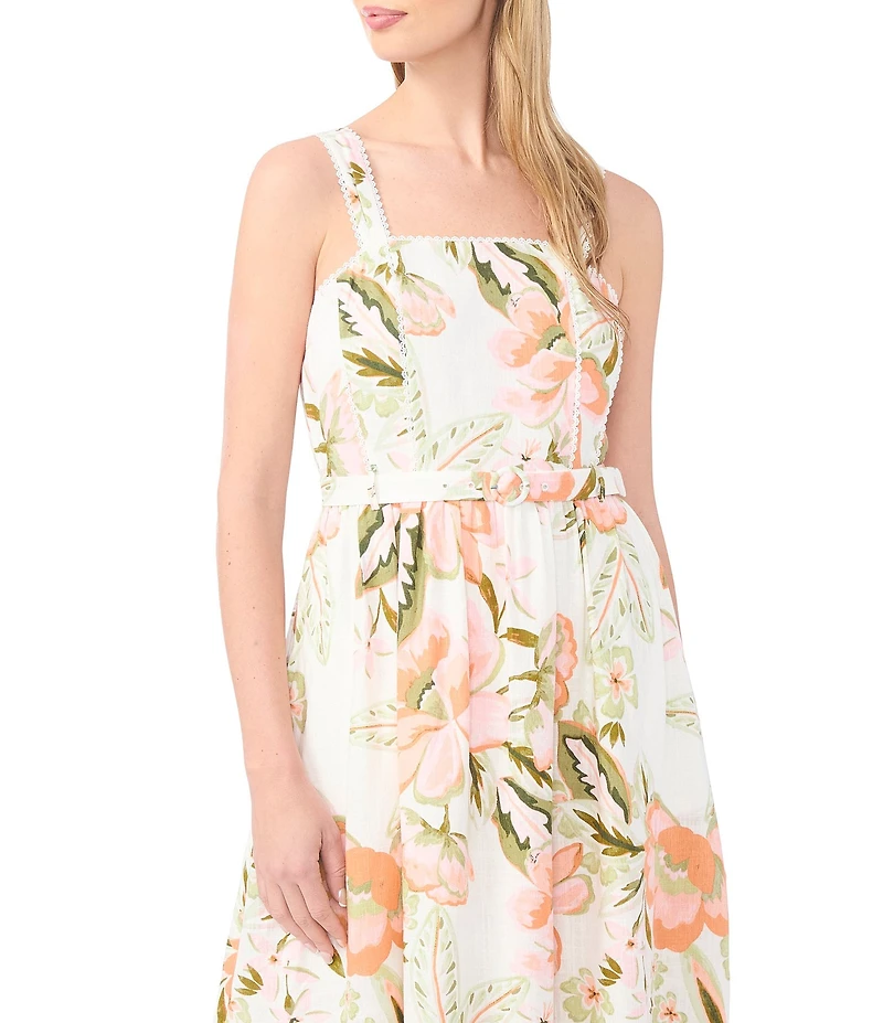 CeCe Woven Floral Print Square Neck Sleeveless Smocked Midi A-Line Dress
