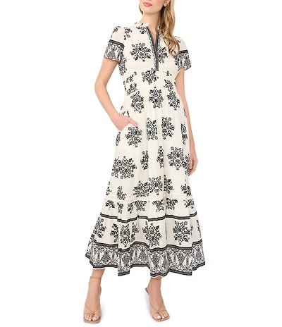 CeCe Woven Floral Print V-Neck Short Sleeve Maxi A-Line Dress