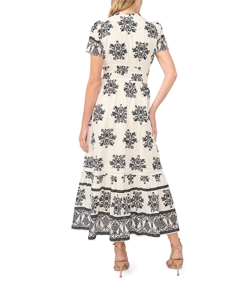 CeCe Woven Floral Print V-Neck Short Sleeve Maxi A-Line Dress