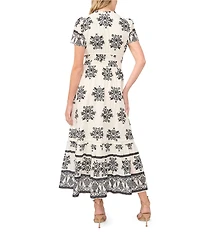 CeCe Woven Floral Print V-Neck Short Sleeve Maxi A-Line Dress