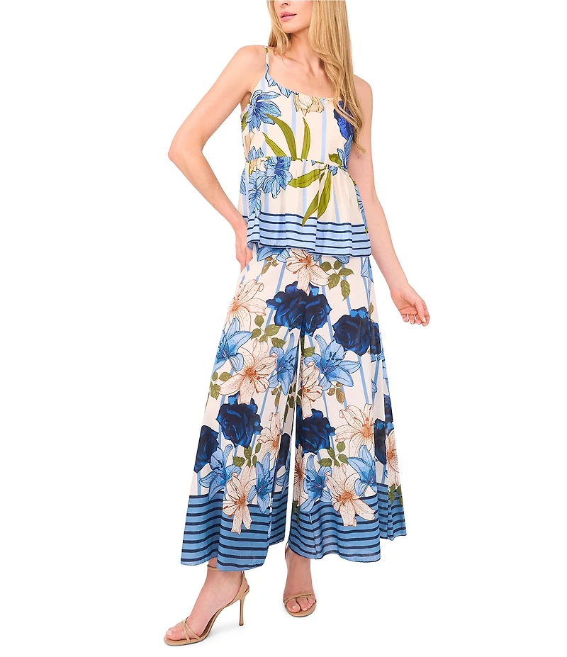 CeCe Woven Floral Print Wide Leg Pull-On Coordinating Pants