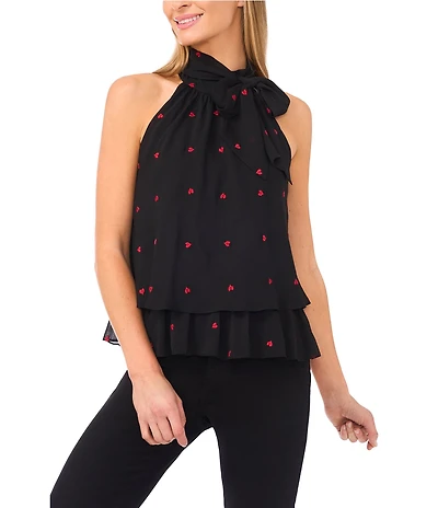 CeCe Woven Heart Halter Tie Neck Sleeveless Top