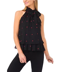 CeCe Woven Heart Halter Tie Neck Sleeveless Top