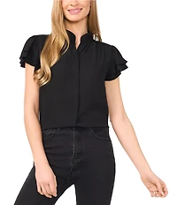 CeCe Woven Mandarin Collar Flutter Short Sleeve Blouse