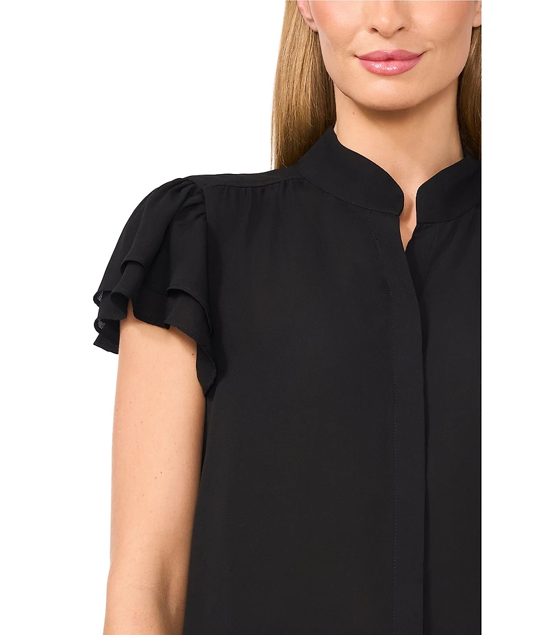 CeCe Woven Mandarin Collar Flutter Short Sleeve Blouse