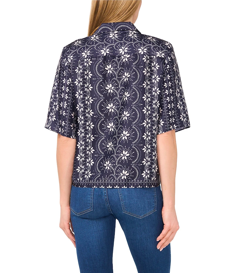 CeCe Woven Notch Collar Short Sleeve Button Front Camp Coordinating Shirt