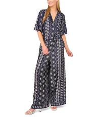 CeCe Woven Notch Collar Short Sleeve Button Front Camp Coordinating Shirt