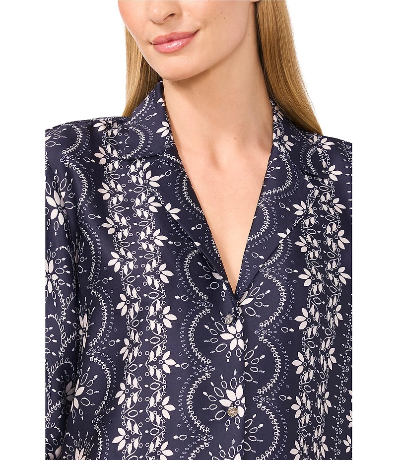 CeCe Woven Notch Collar Short Sleeve Button Front Camp Coordinating Shirt