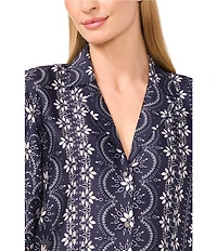 CeCe Woven Notch Collar Short Sleeve Button Front Camp Coordinating Shirt