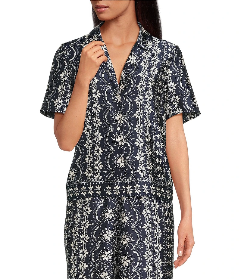 CeCe Woven Notch Collar Short Sleeve Button Front Camp Coordinating Shirt