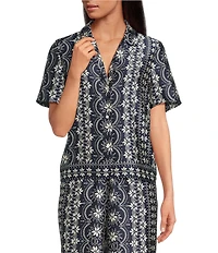 CeCe Woven Notch Collar Short Sleeve Button Front Camp Coordinating Shirt