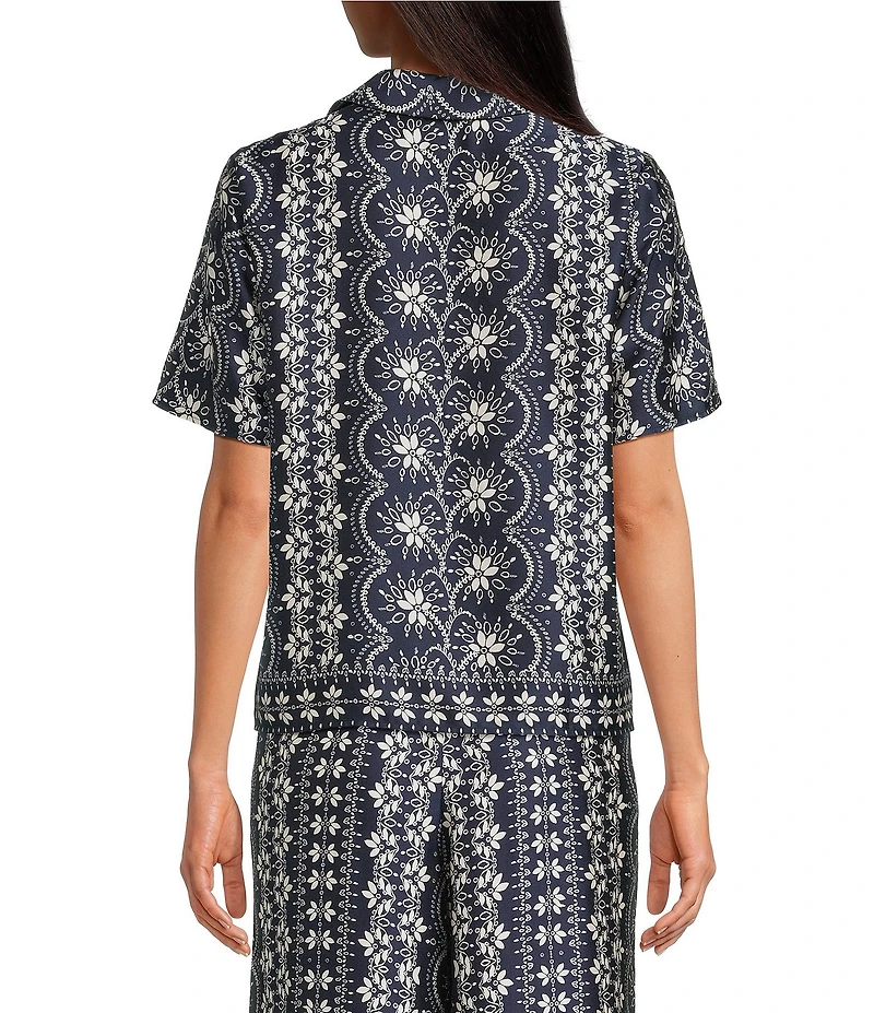 CeCe Woven Notch Collar Short Sleeve Button Front Camp Coordinating Shirt