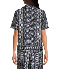 CeCe Woven Notch Collar Short Sleeve Button Front Camp Coordinating Shirt