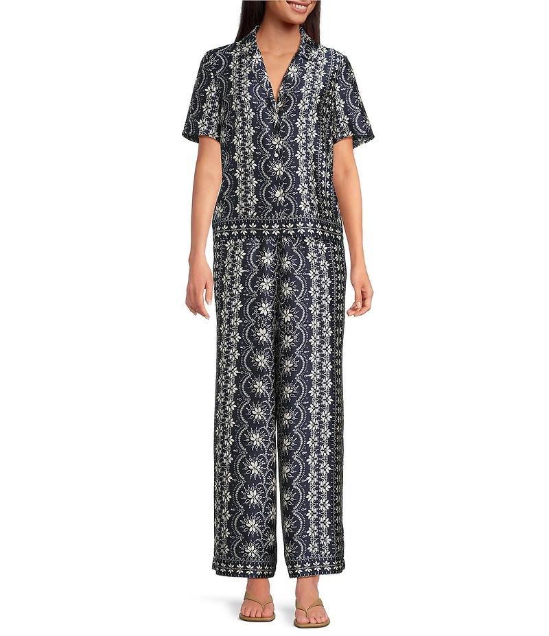 CeCe Woven Notch Collar Short Sleeve Button Front Camp Coordinating Shirt