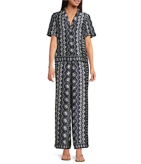 CeCe Woven Notch Collar Short Sleeve Button Front Camp Coordinating Shirt